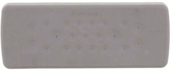 Prostokątna, szara klawiatura pilota zdalnego sterowania z wieloma przyciskami, bez widocznych oznaczeń lub logo, na neutralnym tle.