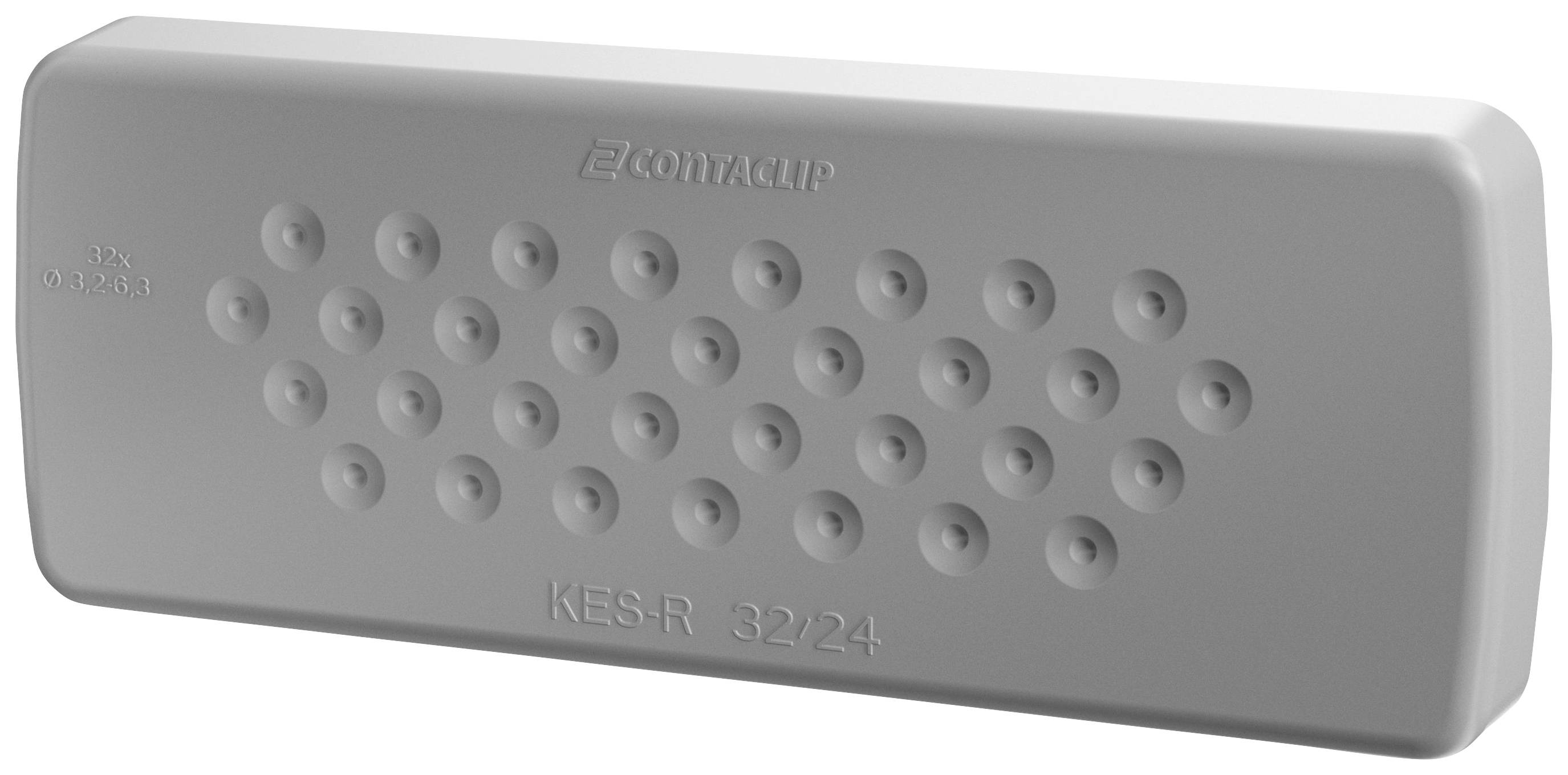 Szara obudowa przepustu kablowego EC-KES-R 3224 marki CONTA-CLIP z 32 okrągłymi, tłoczonymi otworami dla kabli.