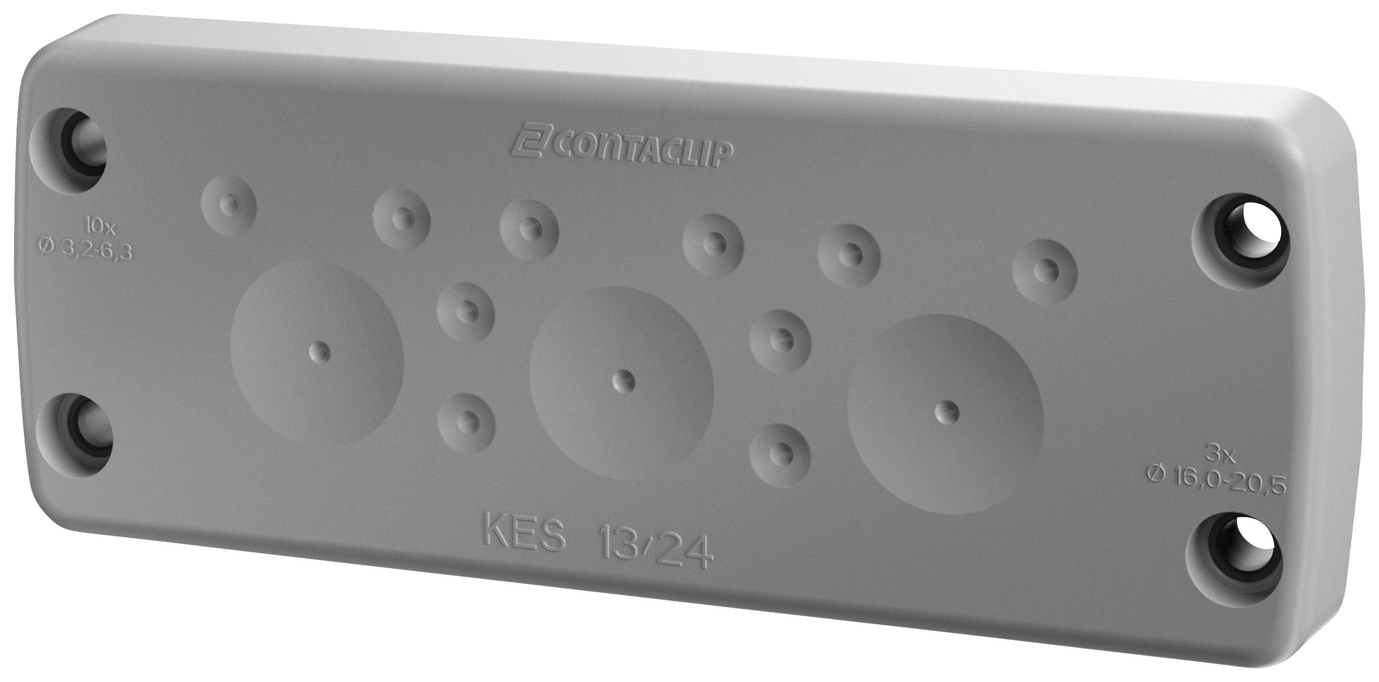 Prostokątna szara płyta z kilkoma okrągłymi wypustkami i otworami śrubowymi w narożnikach, oznaczona napisem 'KES 13/24'.