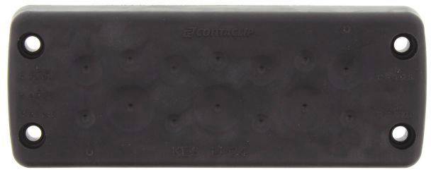 Czarna prostokątna płyta z czterema otworami w narożnikach, prawdopodobnie płyta montażowa lub osłona.