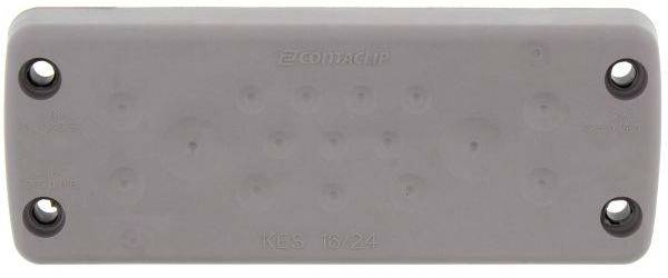 Szara, prostokątna pokrywa o zaokrąglonych narożnikach z czterema otworami na śruby. Powierzchnia o wyraźnie widocznej strukturze i oznaczeniach.