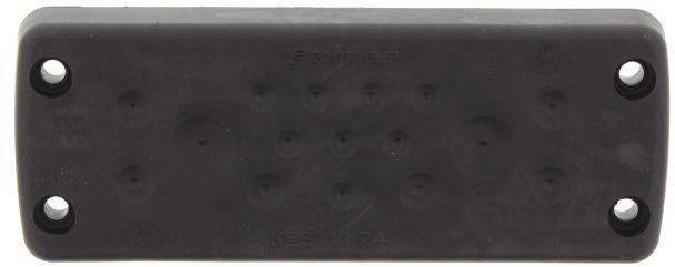 Czarny, prostokątny element z czterema otworami w rogach i centralnym wzorem.