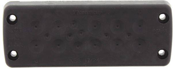 Prostokątny, czarny element z tworzywa sztucznego z kilkoma okrągłymi wgłębieniami i czterema otworami w narożnikach.