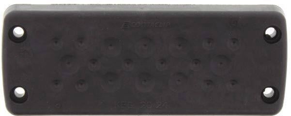 Prostokątny, czarny element z zaokrąglonymi narożnikami i czterema otworami mocującymi, prawdopodobnie pokrywa lub płyta ochronna.