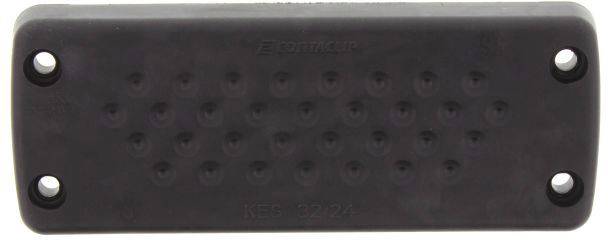 Prostokątna czarna gumowa płyta amortyzacyjna z czterema otworami mocującymi w narożnikach, z antypoślizgowym wzorem wypukłości w środku.