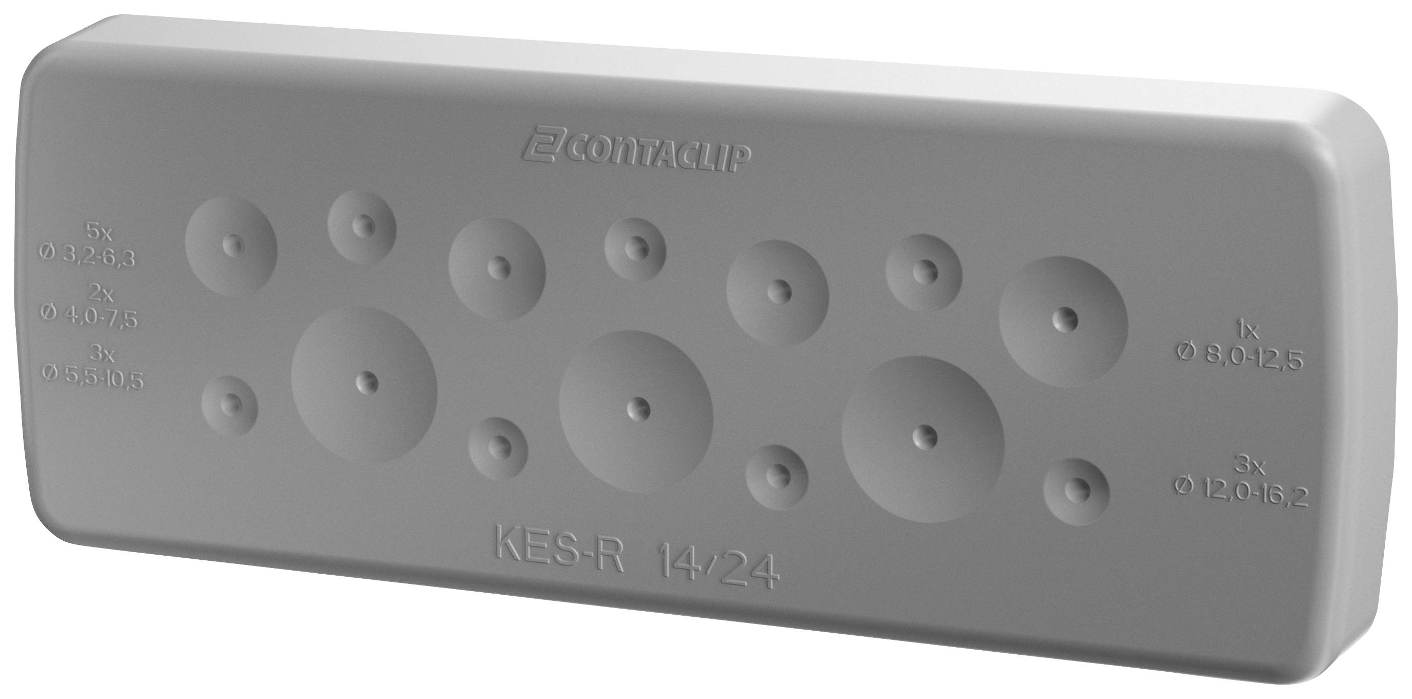 Prostokątna, szara uszczelka z kilkoma okrągłymi otworami o różnych rozmiarach, z napisem 'KES-R 14/24' na przedniej stronie.