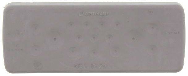 Prostokątna szara plastikowa pokrywa z wytłoczonym napisem 'FLOWTARP' oraz 'KEG 16-24'.