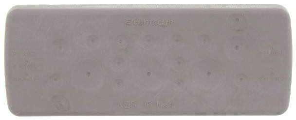 Prostokątny, szary element z tworzywa sztucznego z kilkoma małymi wypustkami i zagłębieniami na powierzchni, prawdopodobnie część techniczna.