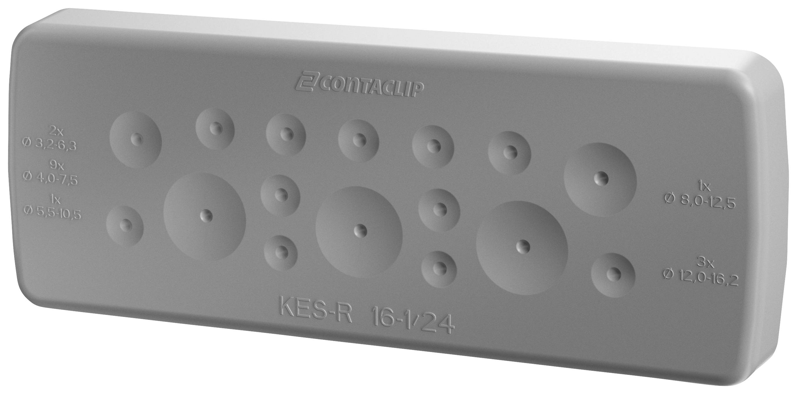 Prostokątny, szary system organizacji kabli z napisem 'CONTACLIP' i numerem modelu 'KES-R 16/24'.