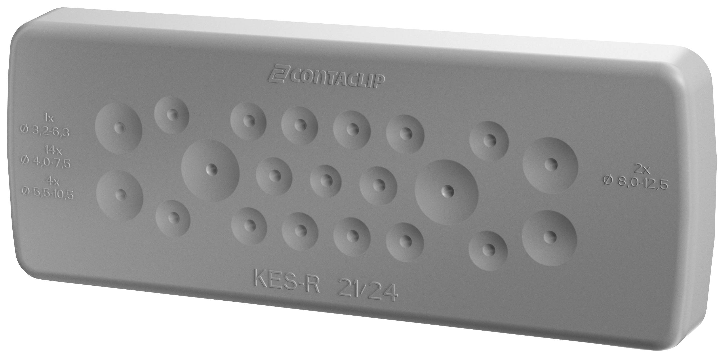 Szaro-biała przepust kablowy Conta-Clip, KES-R 21/24, z wielootworowym mocowaniem do mocowania kabli.