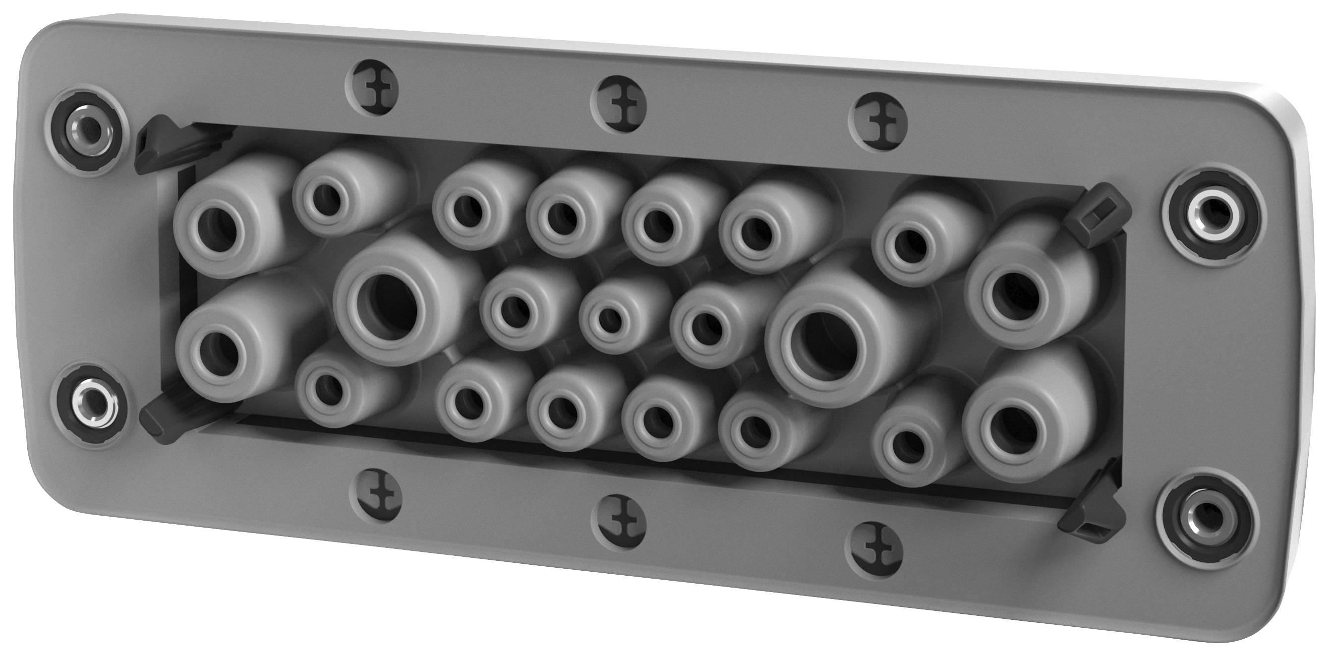 Prostokątny, szary przepust kablowy z wieloma okrągłymi otworami o różnych rozmiarach do organizacji przewodów.