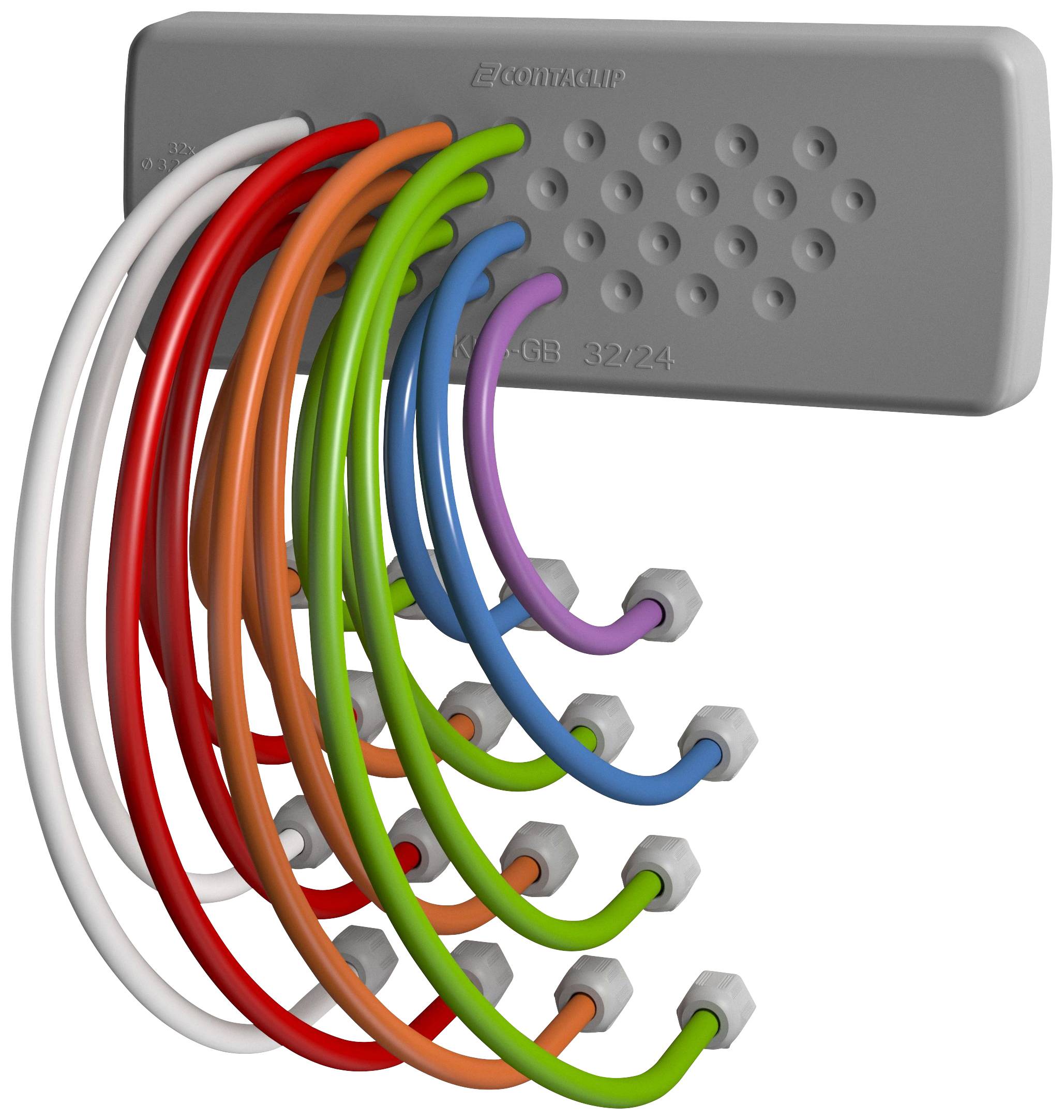 Szara przepustka kablowa z przeprowadzonymi przez nią wielokolorowymi kablami.