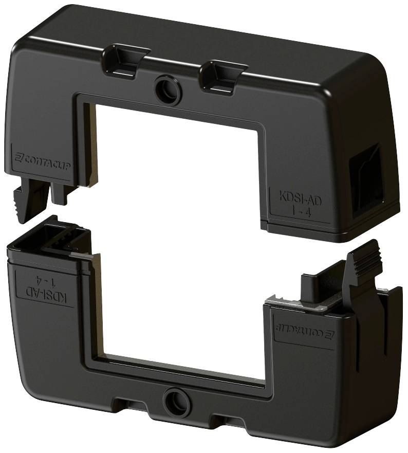 Uchwyt końcowy KDSI-AD 1-4 z czarnego tworzywa sztucznego, składający się z dwóch prostokątnych, pasujących do siebie elementów do mocowania.