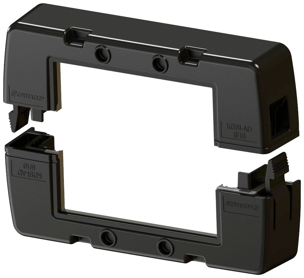 Czarna, prostokątna plastikowa wspornik z otworem pośrodku, z dwoma zaciskami po bokach do mocowania przewodów.