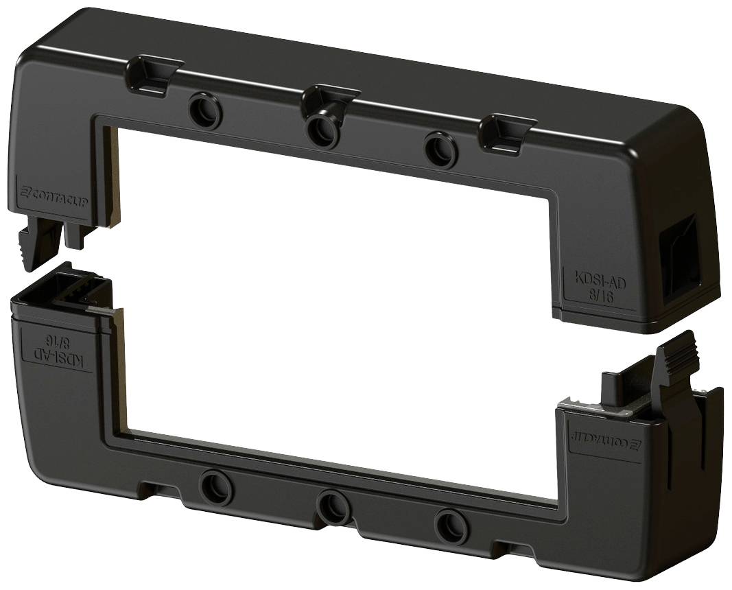 Prostokątna, czarna rama z tworzywa sztucznego z wieloma otworami mocującymi i klipsami po bokach.