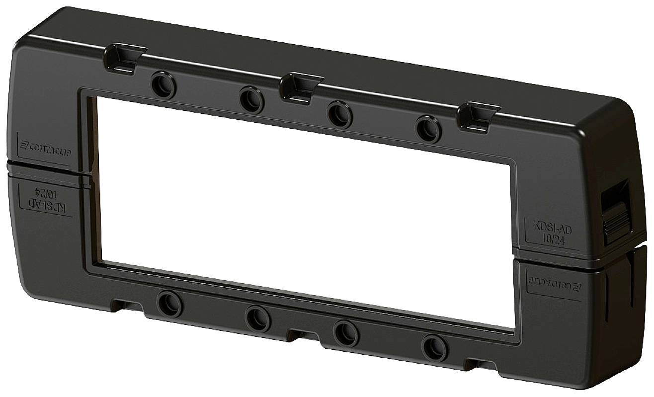 Czarnoramkowa, prostokątna rama z tworzywa sztucznego z otworami na śruby i uchwytami, prawdopodobnie przydatna do mocowania urządzeń technicznych.