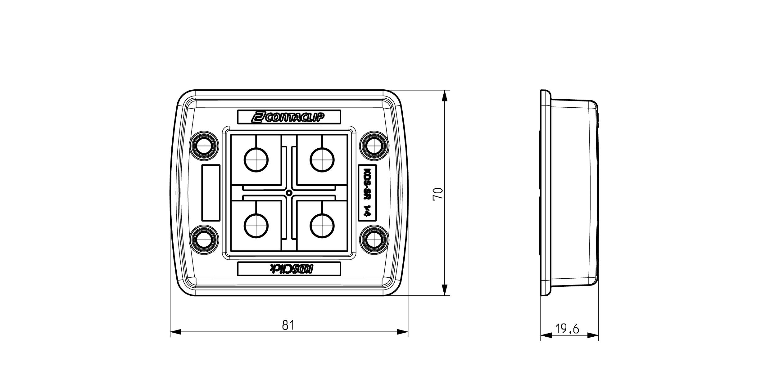 Rysunek techniczny prostokątnej obudowy z przyciskami i wymiarami: 81 mm szerokości, 70 mm wysokości, 19,6 mm głębokości. Widok z góry i widok z boku.