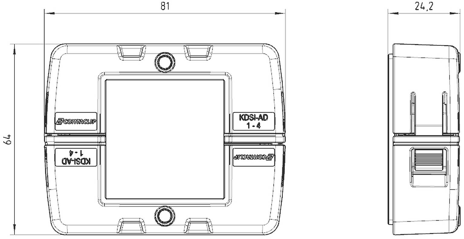 Rysunek techniczny prostokątnego modułu elektronicznego z oznaczeniami 'KDSI-AD 1-4'. Wymiary: 81 x 74 x 24,2 mm.