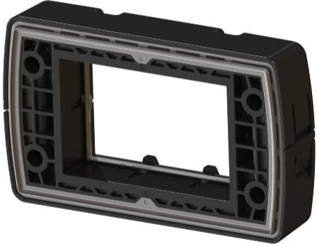 Czarny prostokątny ramka z tworzywa sztucznego z pustą przestrzenią w środku. Strukturyzowany design na bokach i narożnikach.