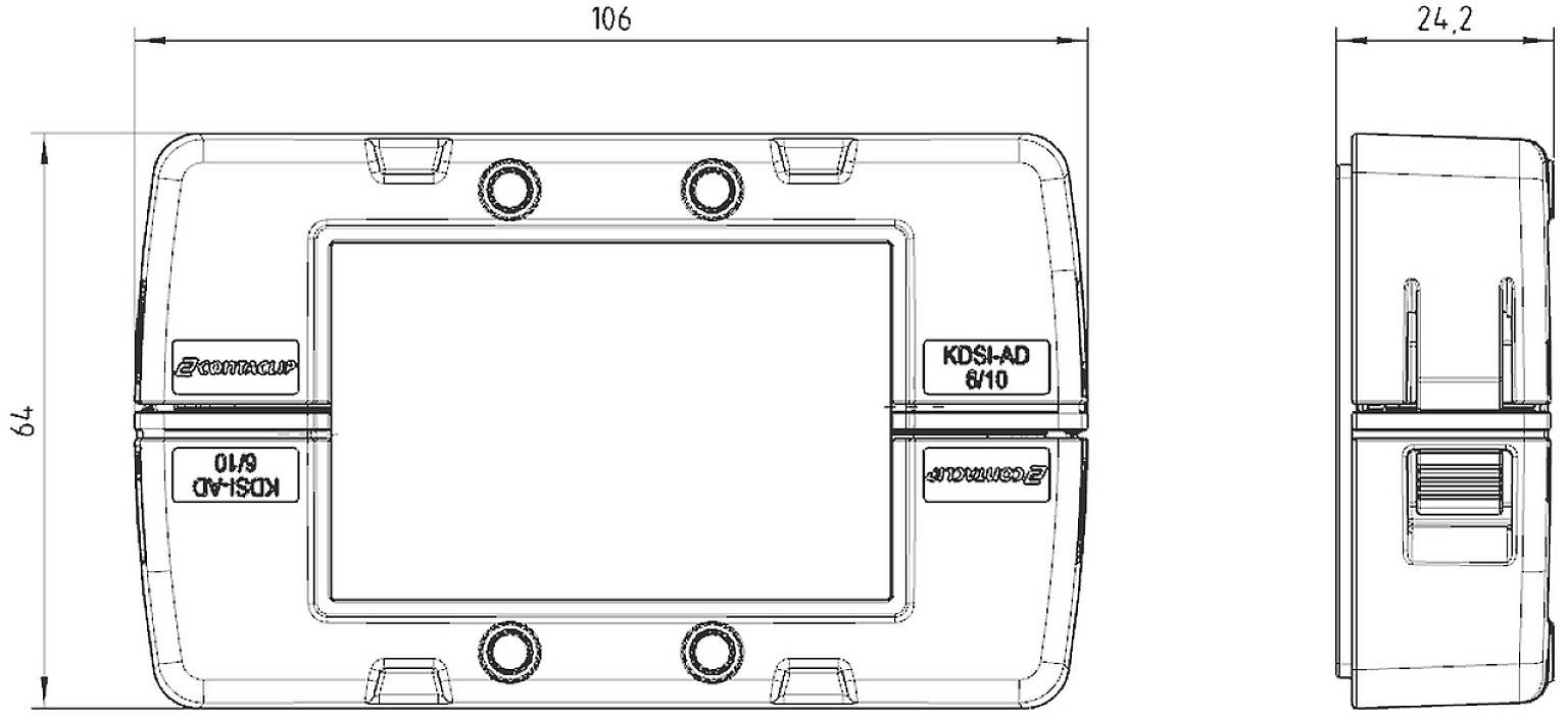 Rysunek techniczny prostokątnego urządzenia o wymiarach 106 mm x 24,2 mm x 79 mm z napisem 'KDSI SAD 6/10'.