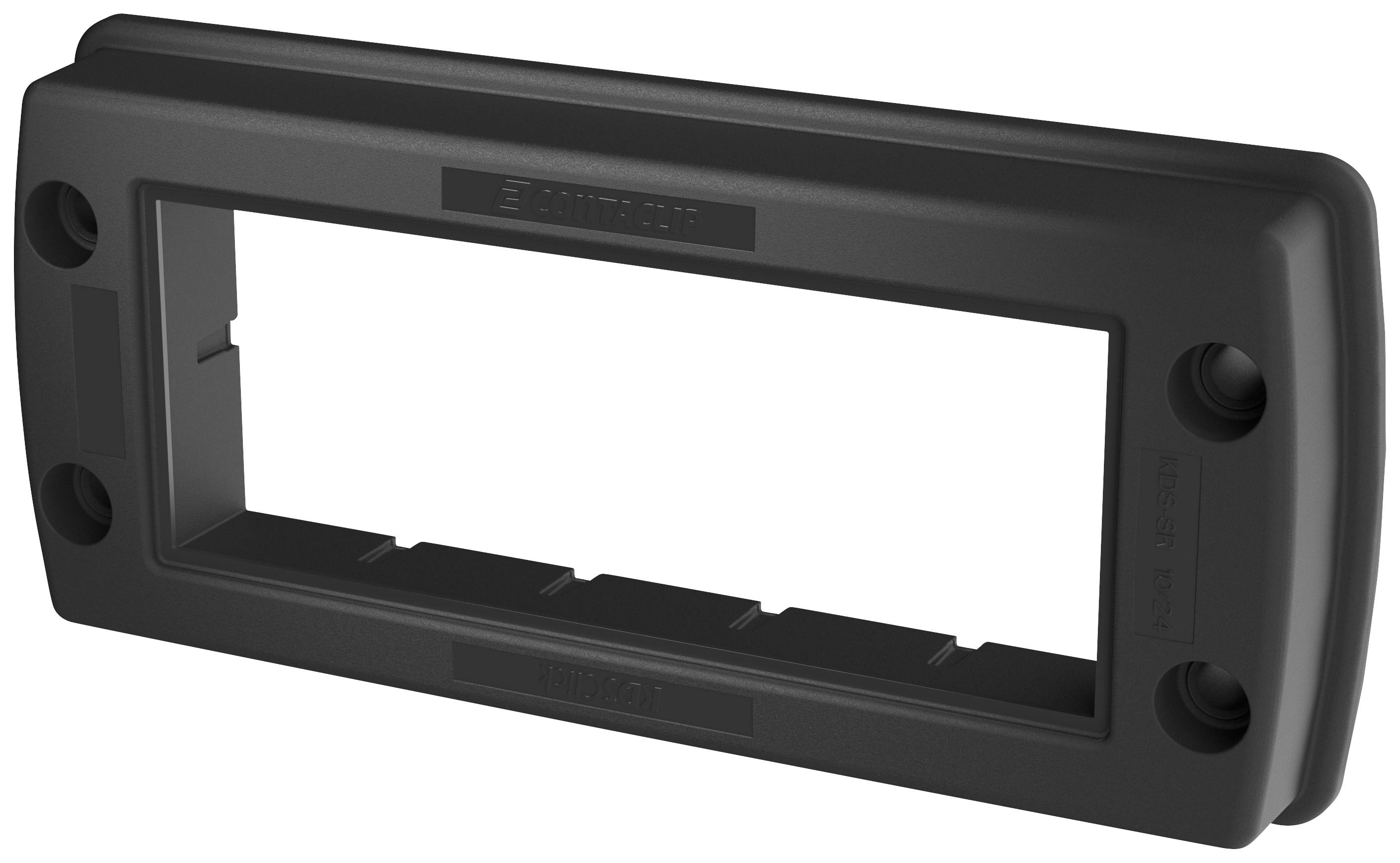 Czarny, prostokątny ramka z tworzywa sztucznego z czterema punktami mocowania. Odpowiednia do montażu w urządzeniach elektronicznych.