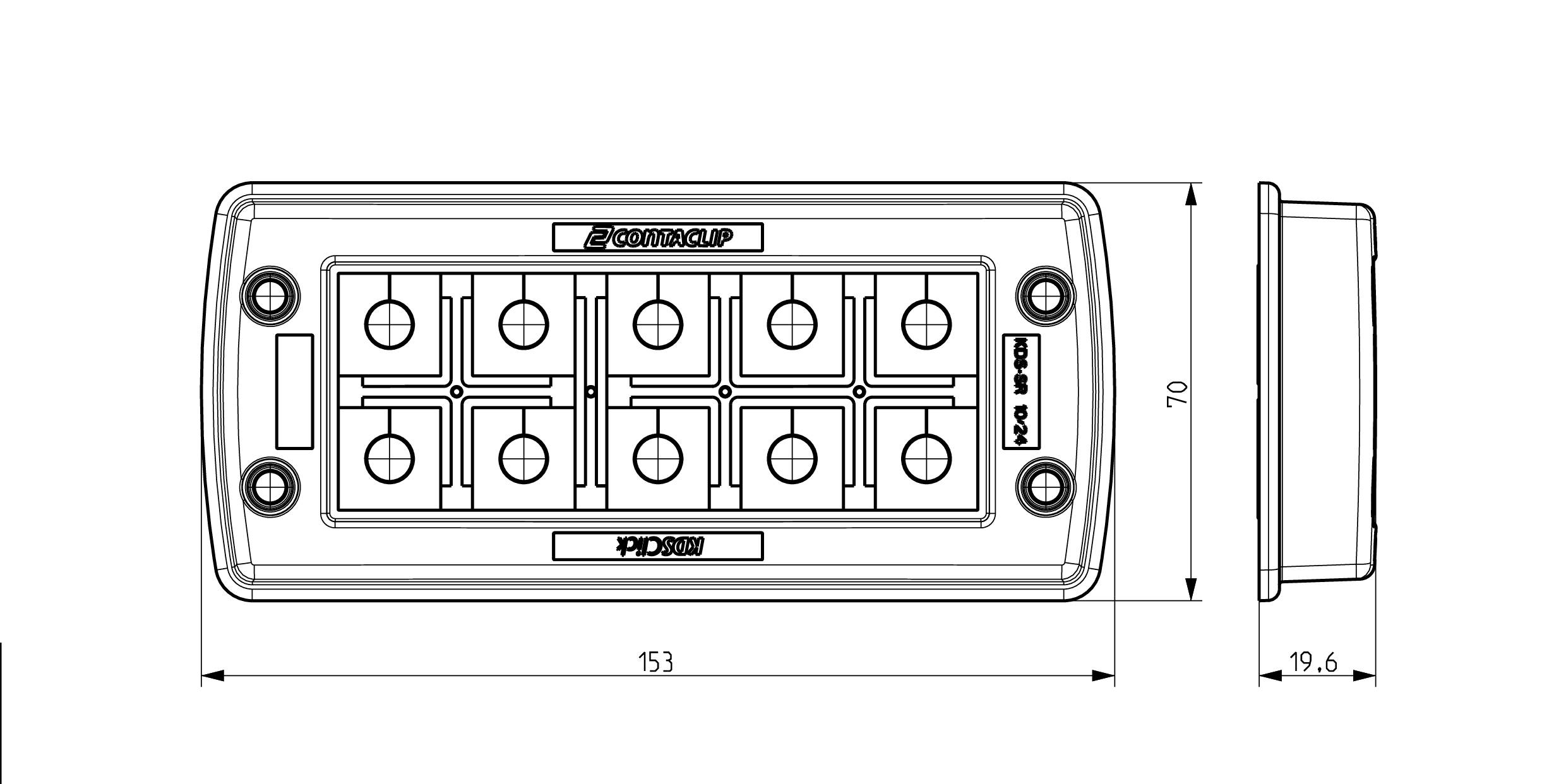 Rysunek techniczny prostokątnej obudowy z dziewięcioma przyciskami. Wymiary: 153 x 70 x 19,6 mm. Widok z góry i z boku.