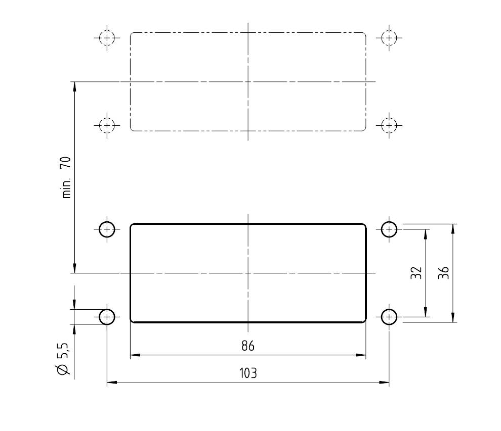 Rysunek techniczny prostokątnego elementu z wymiarami: szerokość 86 mm, wysokość 32 mm. Odległości i średnica otworów Ø 5,5 mm podane.