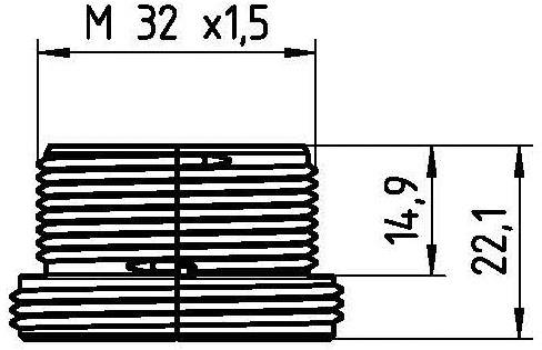 Rysunek techniczny gwintu z oznaczeniem 'M 32 x 1,5'. Całkowita długość wynosi 22,1 mm, z wymiarem wewnętrznym 14,9 mm.