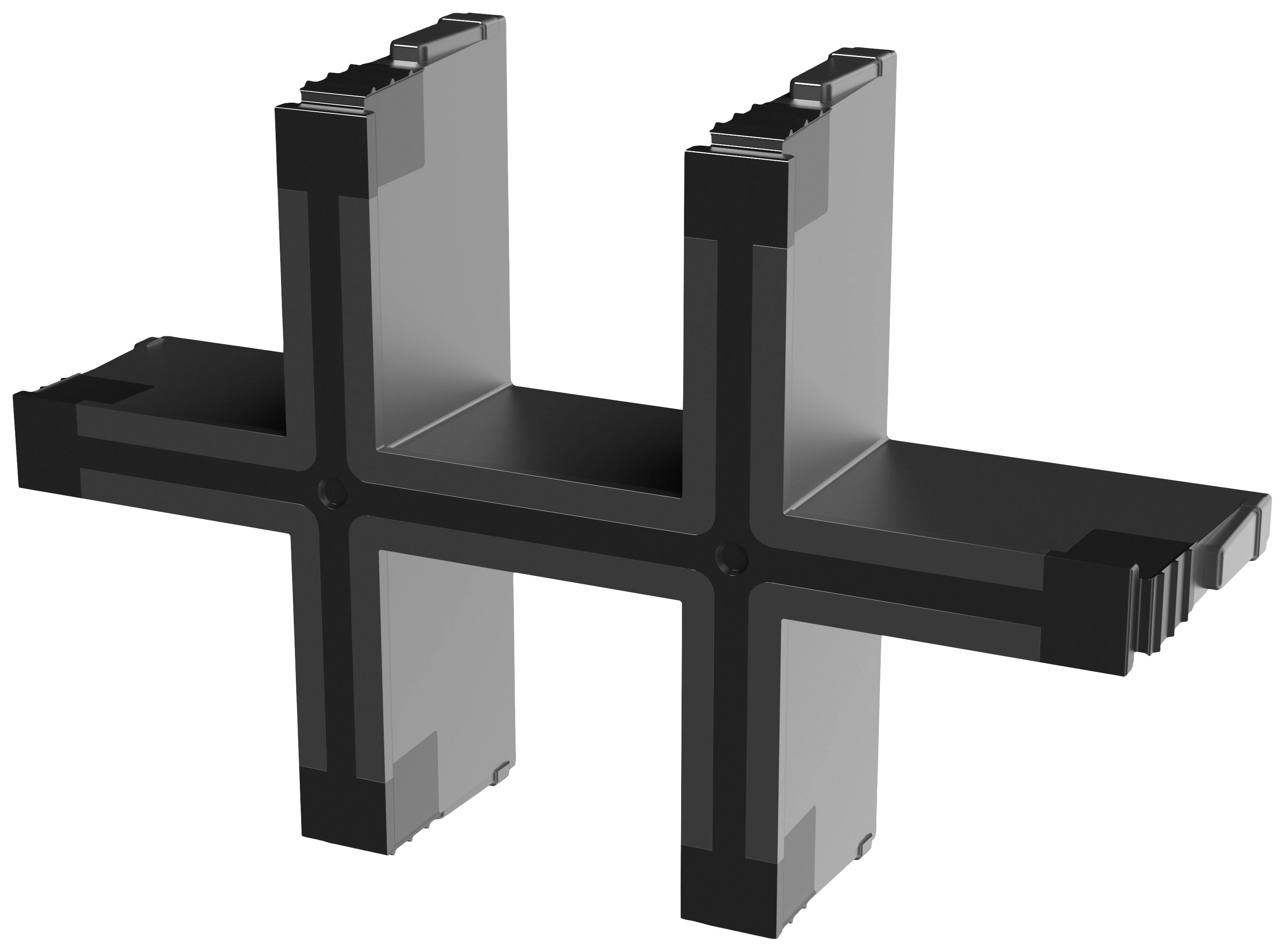 Czarna, krzyżowa część wykonana z tworzywa sztucznego, posiadająca cztery identyczne ramiona, stosowana do łączenia lub stabilizacji struktur.