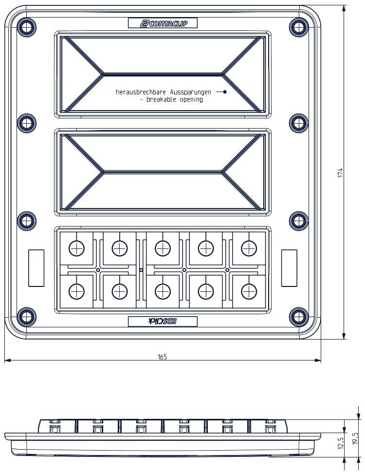Rysunek techniczny prostokątnej osłony z tworzywa sztucznego z wyłamywalnymi otworami i precyzyjnymi wymiarami w milimetrach.