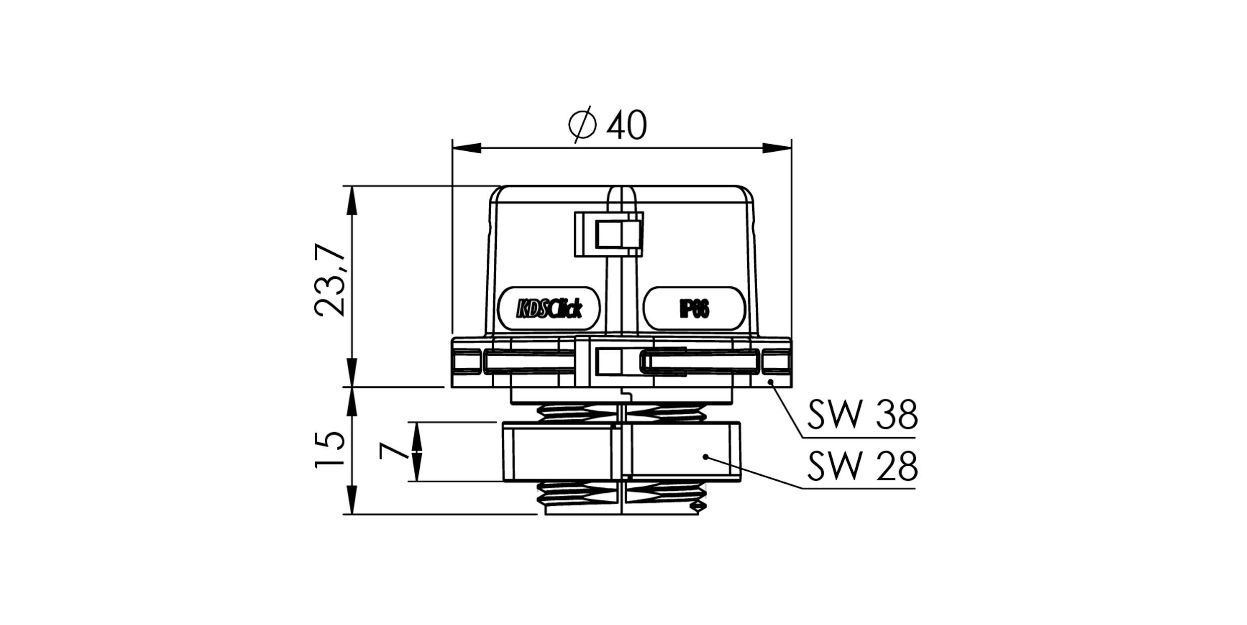 Rysunek techniczny elementu z wymiarami: średnica 40 mm, wysokość 23,7 mm, szerokość połączeń śrubowych 38 mm i 28 mm.