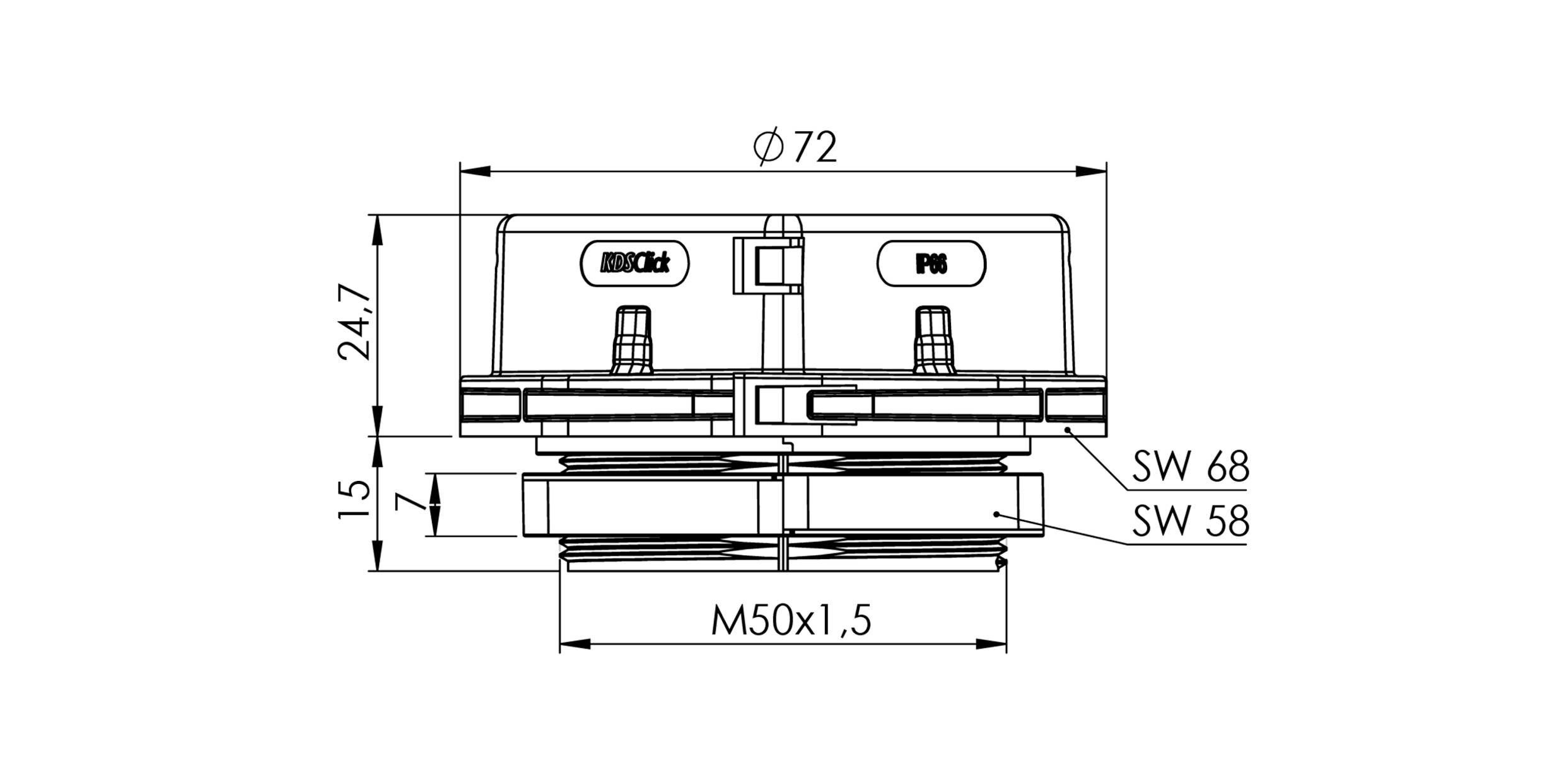 Rysunek techniczny elementu maszyny z wymiarami: średnica 72 mm, wysokość 24,7 mm, gwint M50x1,5, szerokość klucza SW 68 i SW 58.