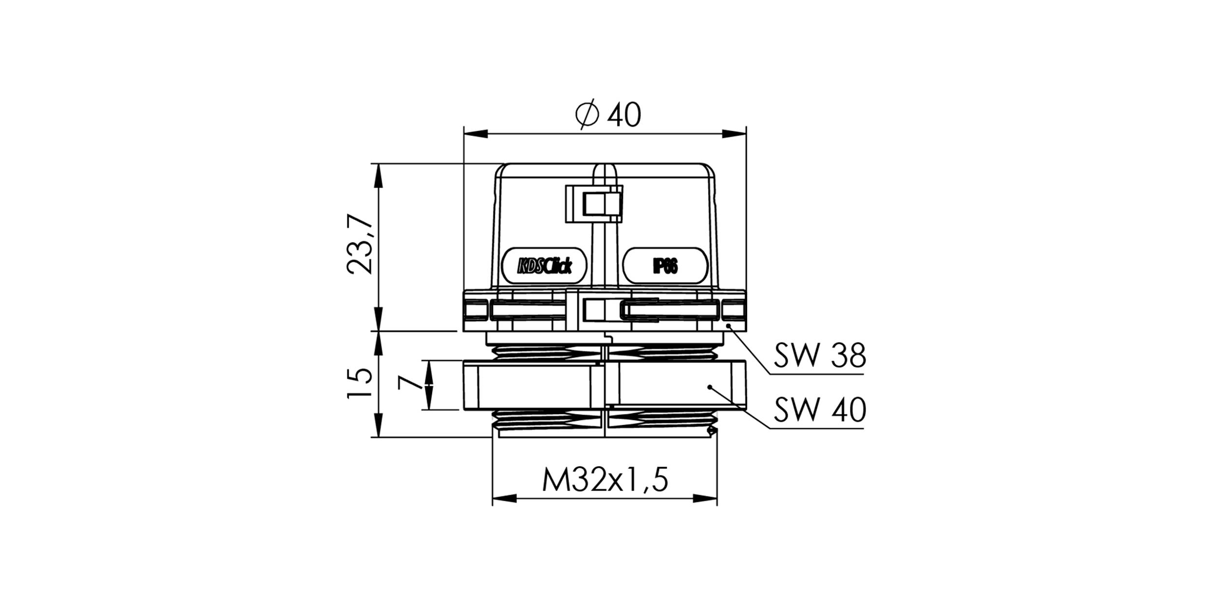 Rysunek techniczny elementu cylindrycznego z wymiarami: średnica 40 mm, wysokość 23,7 mm, gwint M32x1,5, szerokość klucza 38 i 40 mm.