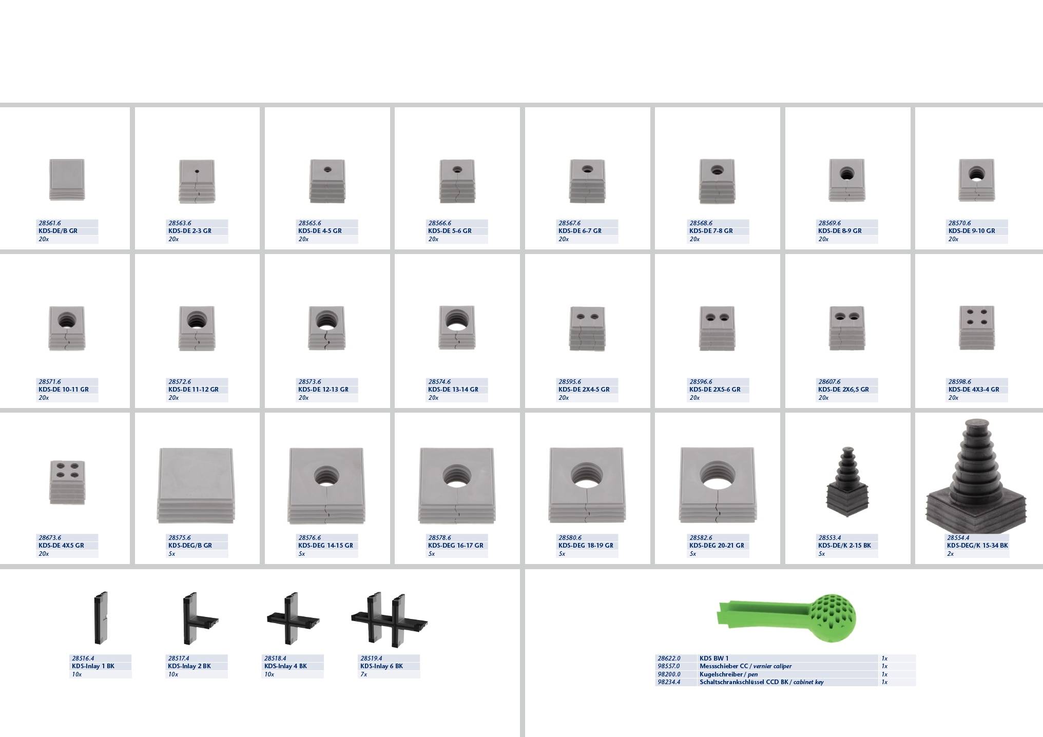 Asortyment elementów betonowych z różnymi rozmiarami otworów i uszczelkami gumowymi. Każdy element jest oznaczony numerem artykułu i wymiarami.