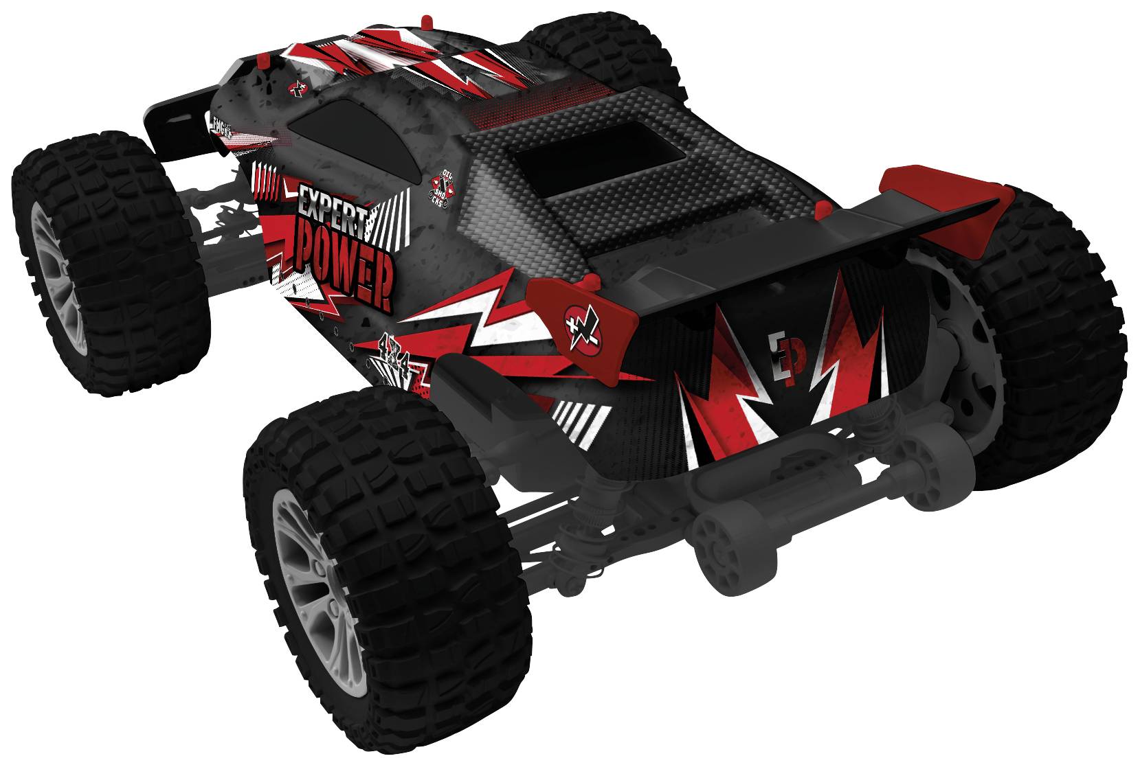 Zdalnie sterowany samochód o dużym prześwicie i szerokich oponach. Pojazd jest wykonany w kolorach czarnym, czerwonym i białym.