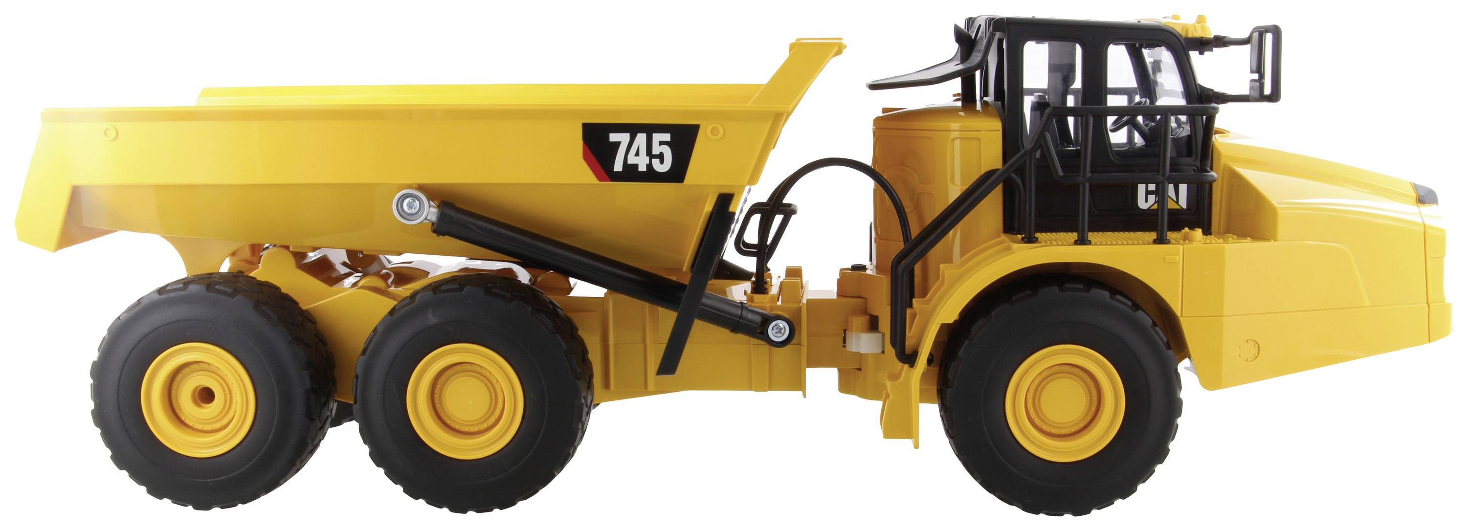 Żółty wywrotka widziany z boku, z sześcioma dużymi kołami i numerem '745'.