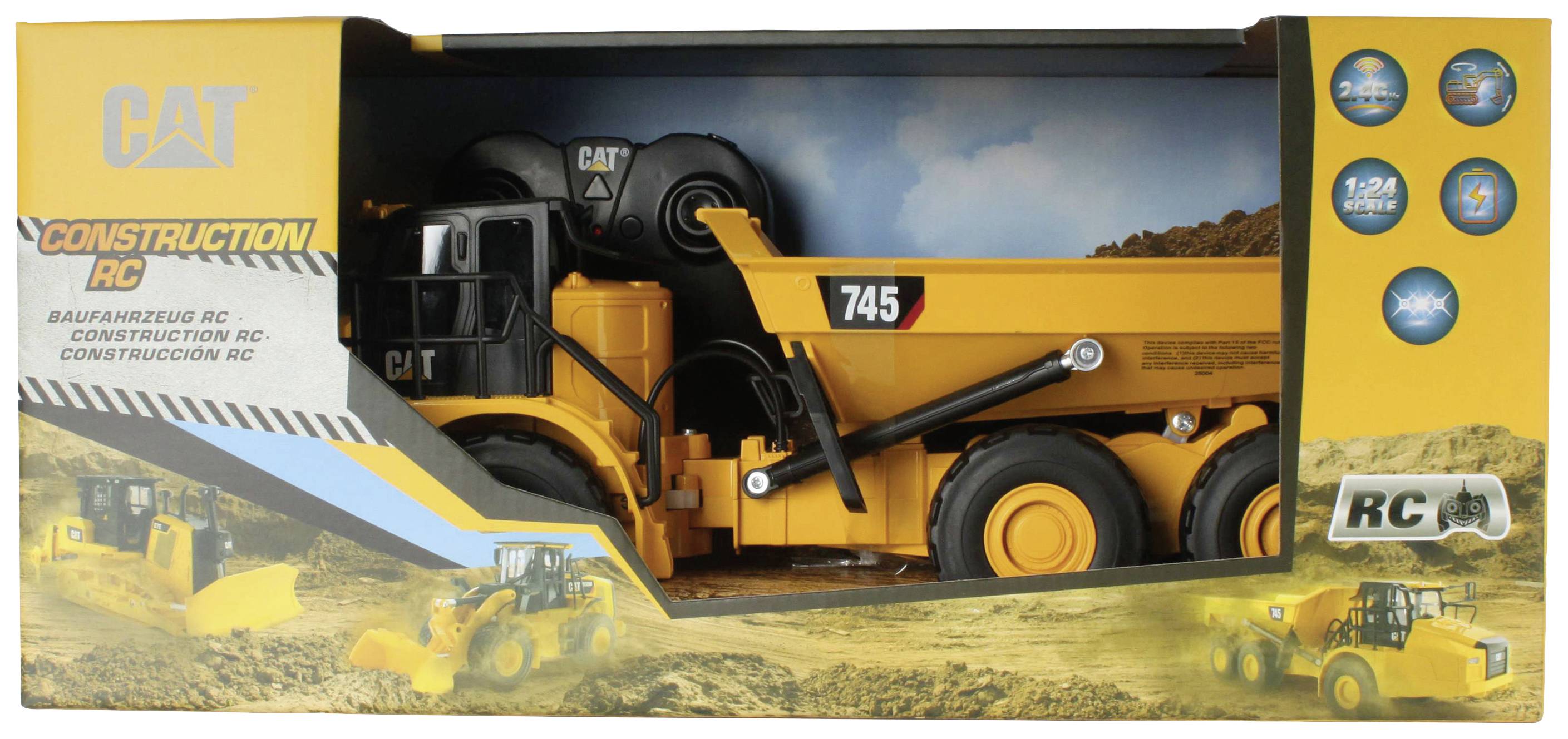 Żółta zabawkowa maszyna budowlana 'CAT 745' w skali 1:24 w pudełku. Opakowanie przedstawia krajobraz piaskowcowy i jest ozdobione logo.