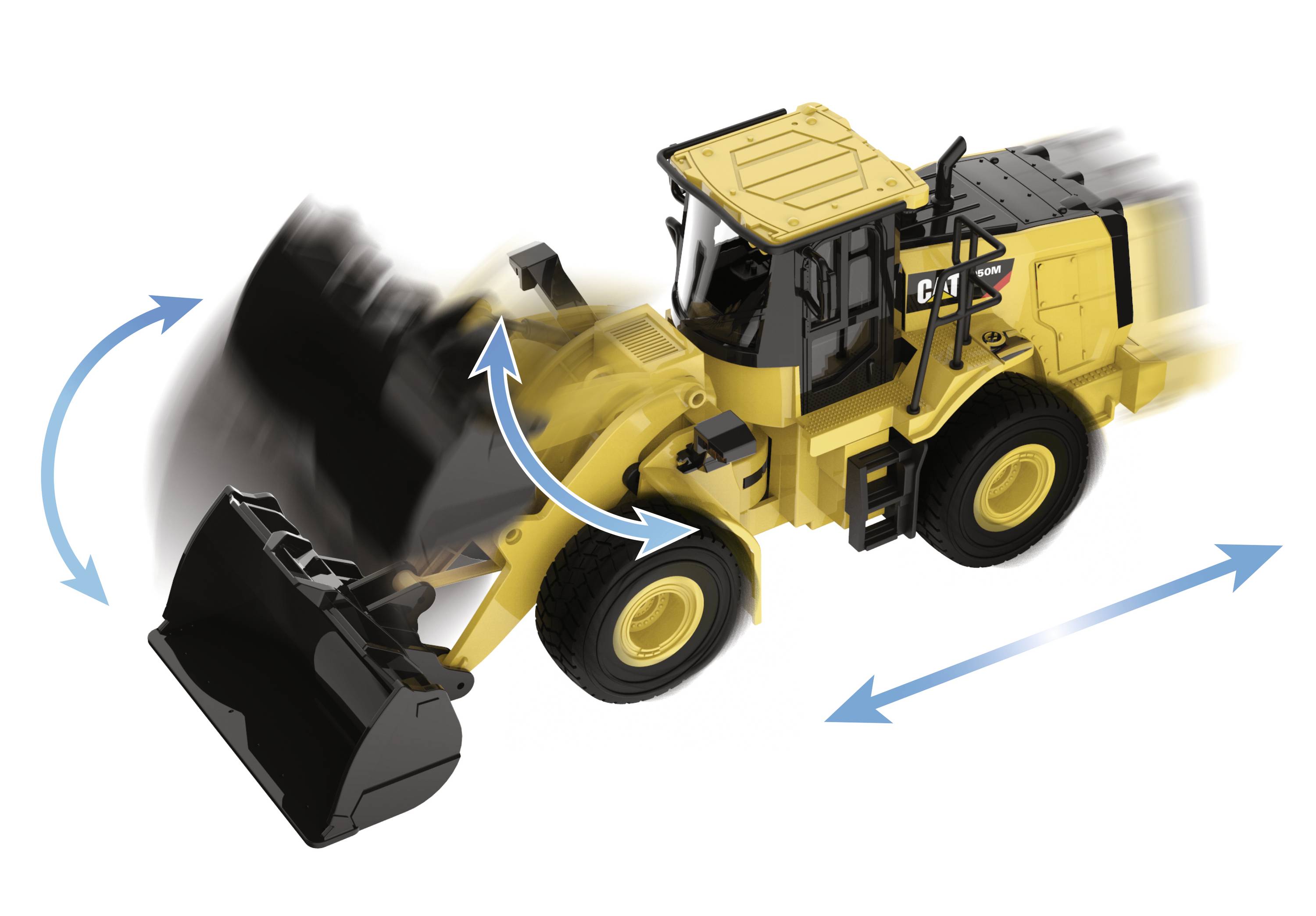 Żółta ładowarka kołowa przedstawia strzałki ruchu wokół łyżki, ilustrujące ruchy w górę i w dół oraz poruszanie się do przodu.