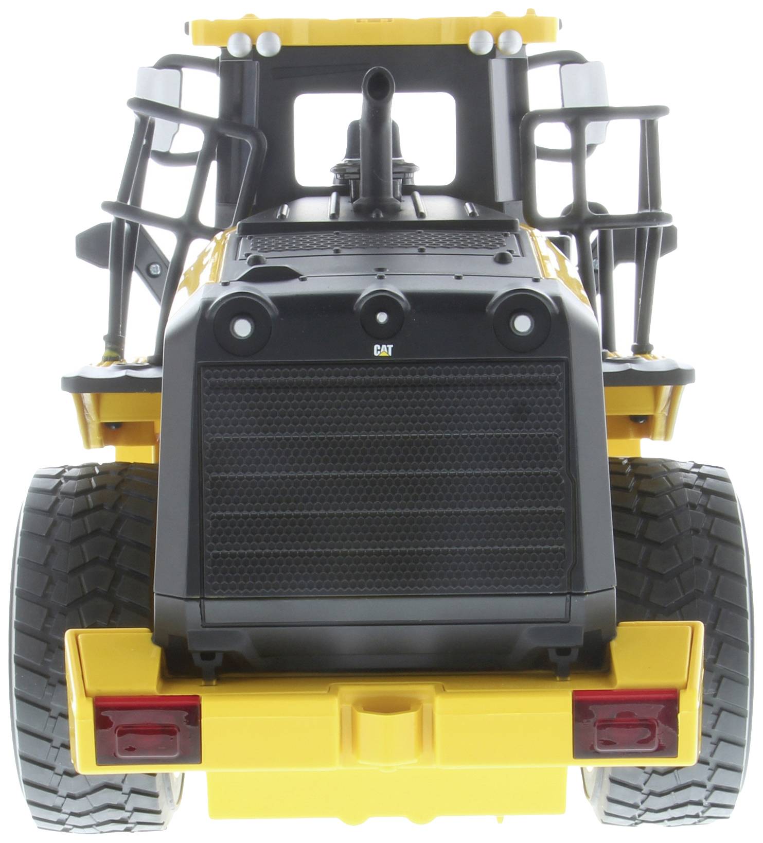 Żółty model pojazdu budowlanego widziany z przodu, z dużymi kołami i solidnym grillem chłodnicy.