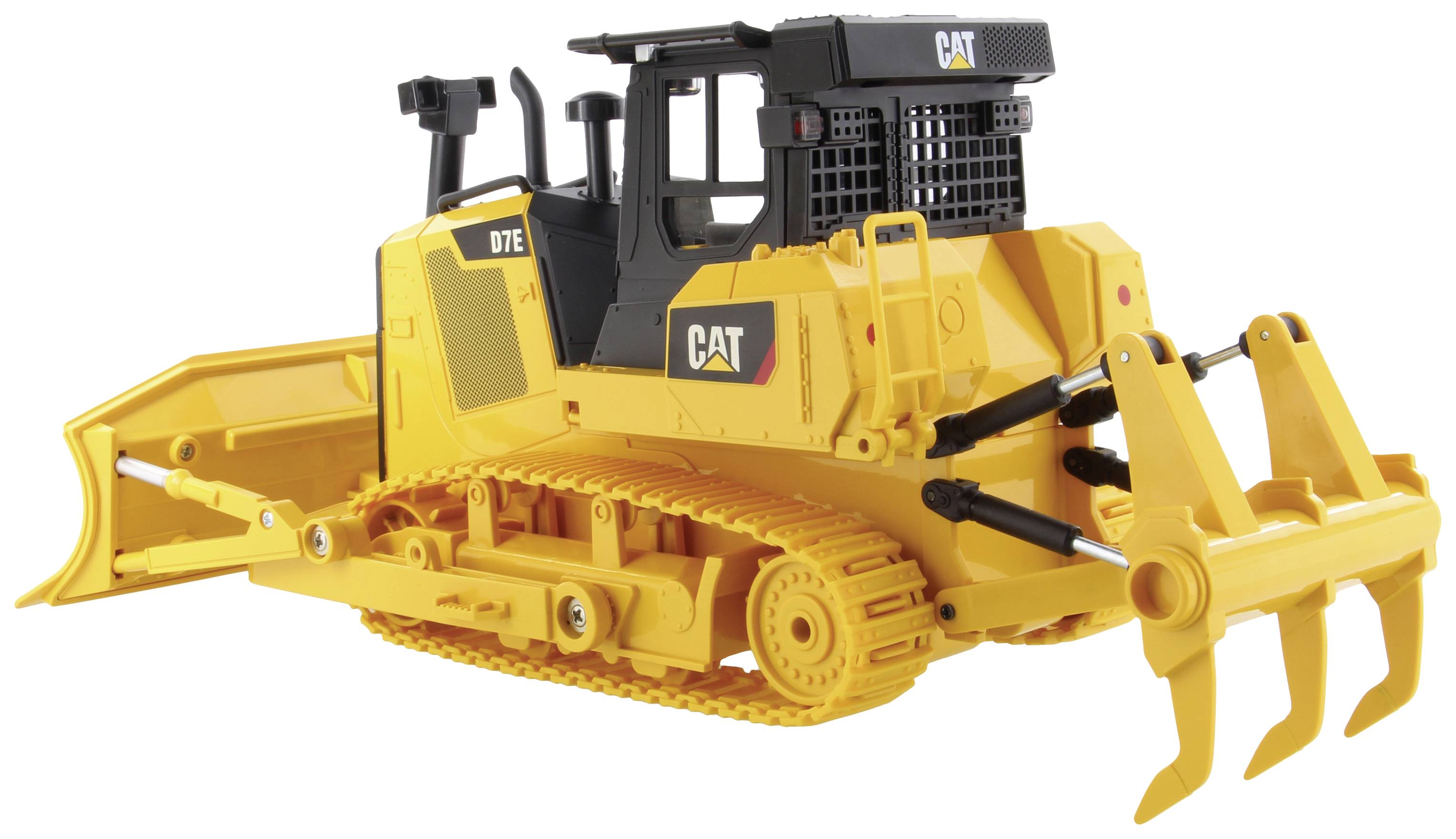 Żółty zabawkowy buldożer gąsienicowy z łyżką, model 'CAT', stoi z charakterystycznymi detalami, takimi jak mały grill chłodnicy i dźwignie.