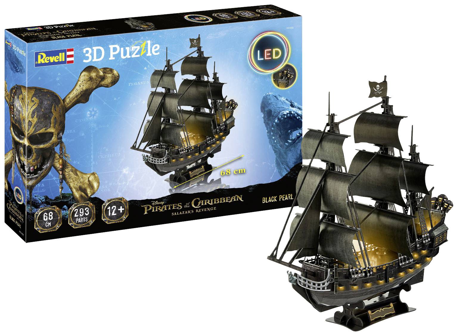 Zestaw puzzli 3D 'Czarna Perła' z podświetleniem LED, inspirowany filmem 'Piraci z Karaibów'. Zawiera model i opakowanie.