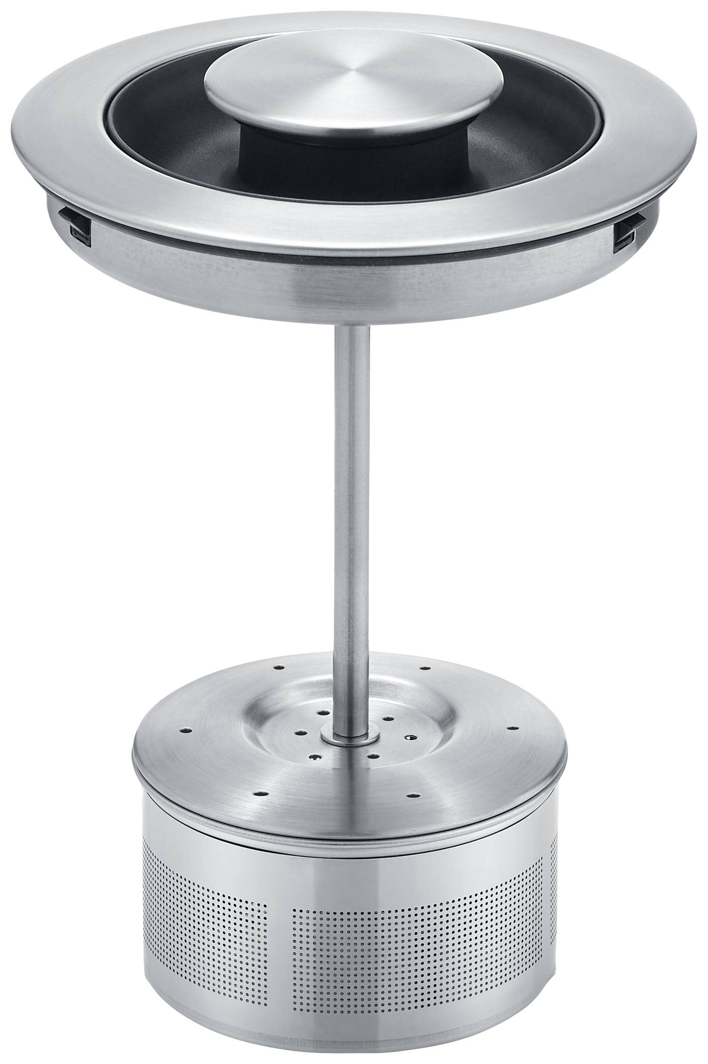 Srebrna przemysłowa jednostka wentylacyjna z cylindryczną obudową i centralnym wentylatorem, otoczonym od góry okrągłą pokrywą.