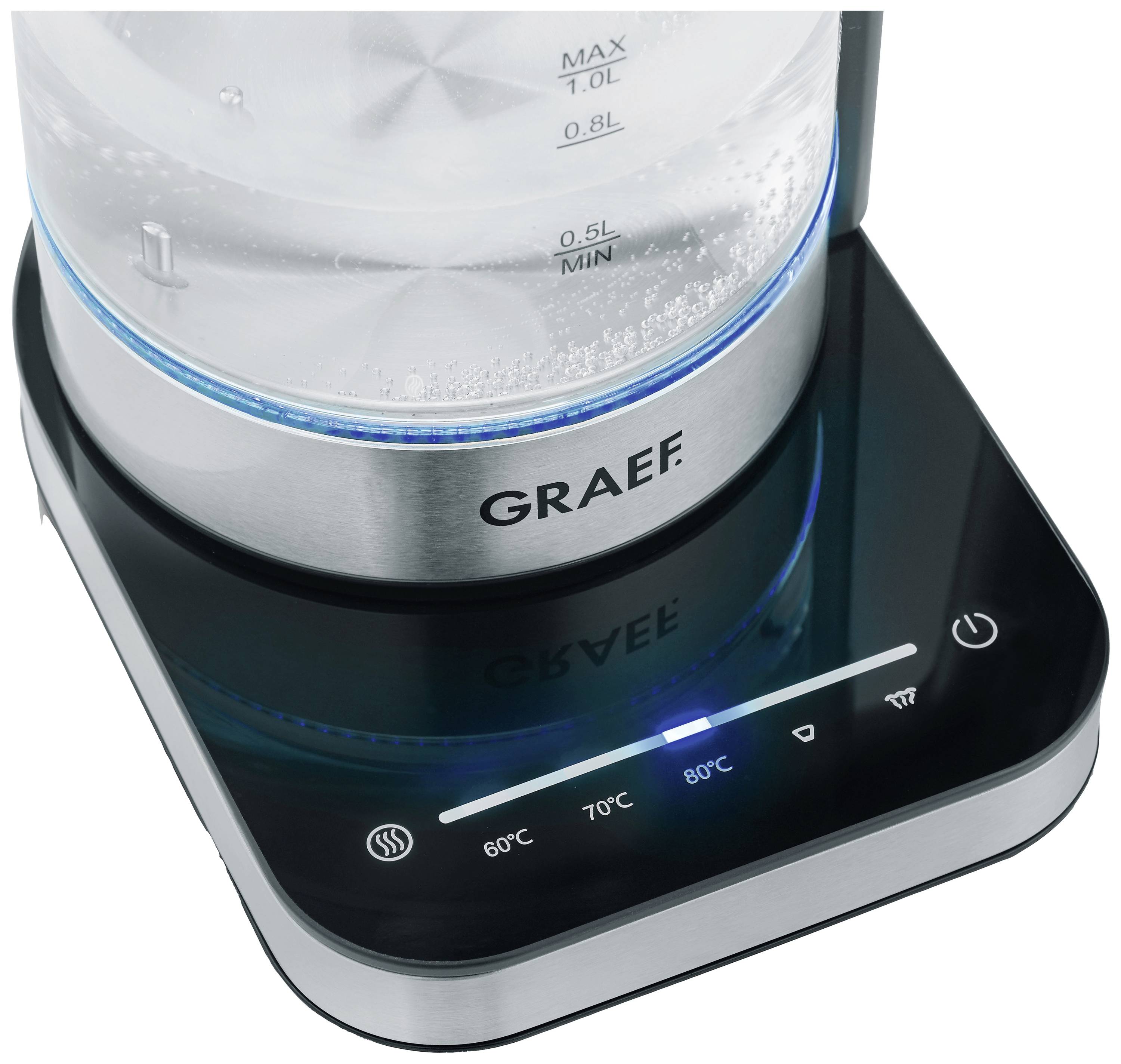 Czajnik elektryczny ze szklanym zbiornikiem na podstawie z podświetleniem LED, z przyciskami temperatury 60°C, 70°C, 80°C oraz funkcją utrzymywania ciepła.