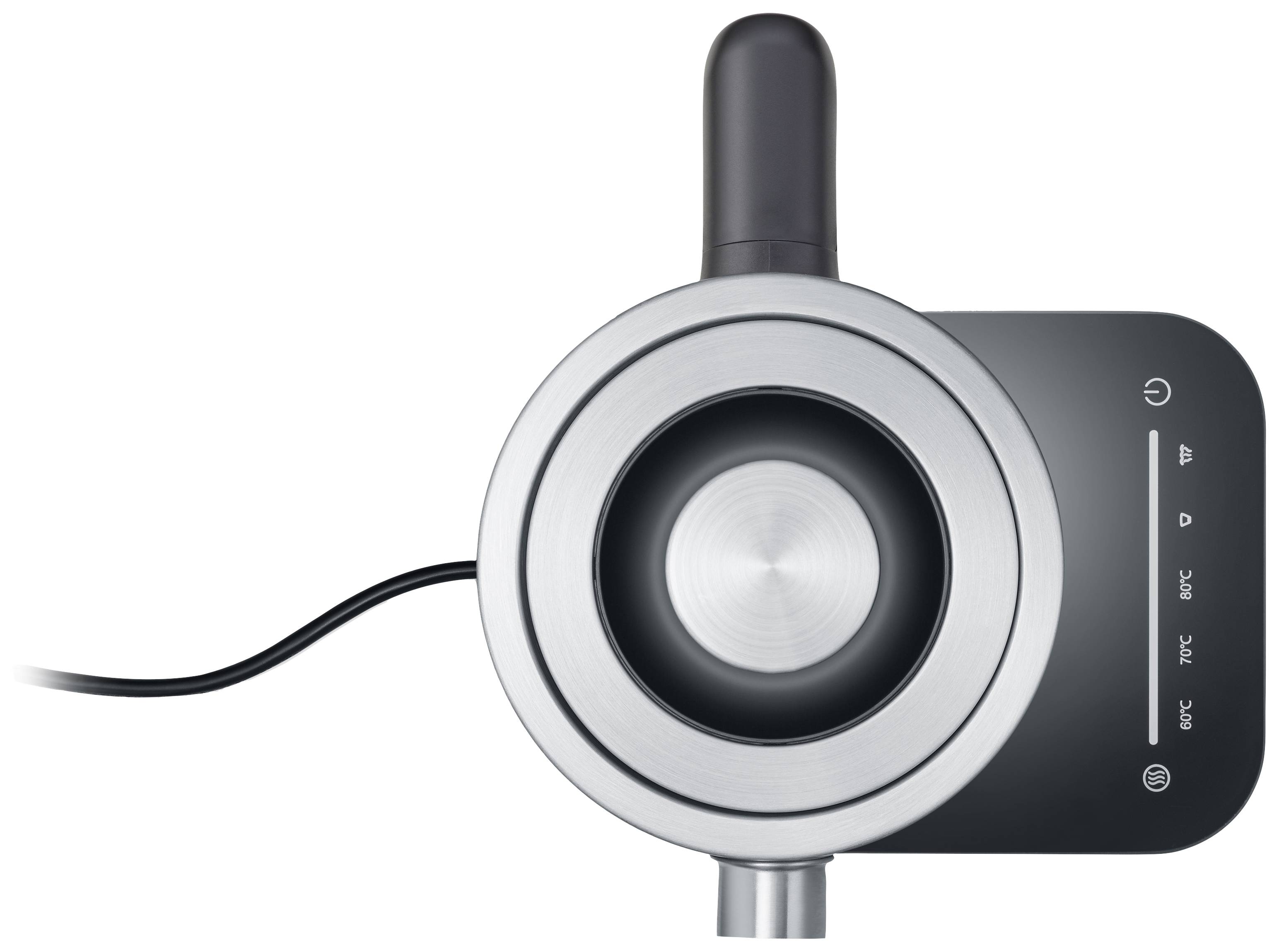 Elektryczny czajnik ze stali nierdzewnej z zdejmowanym uchwytem i wyświetlaczem temperatury od 40°C do 100°C po prawej stronie.