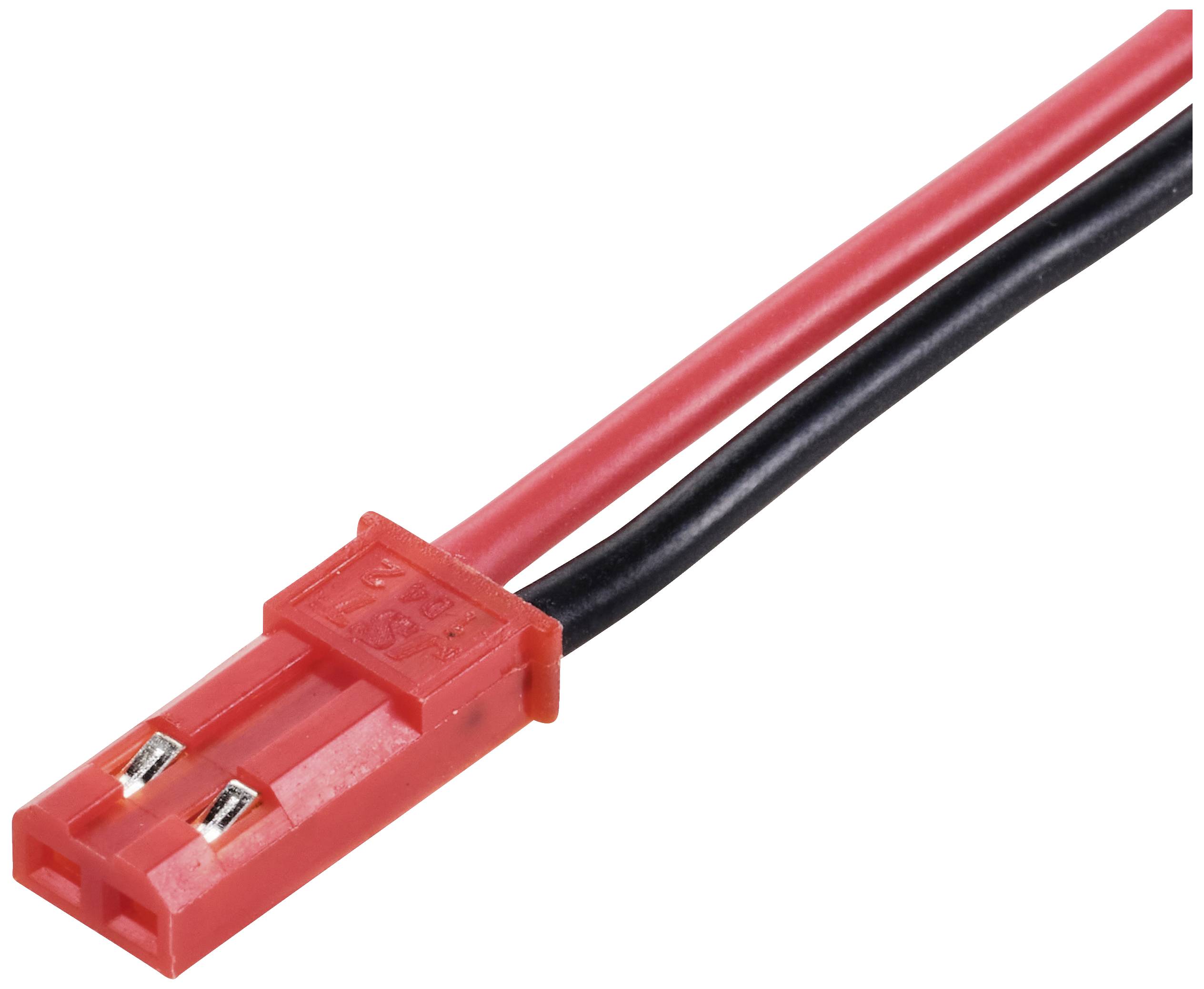 Czerwony wtyk JST z dwoma przewodami, czarnym i czerwonym. Wtyk posiada dwa metalowe piny i jest stosowany do połączeń elektrycznych.