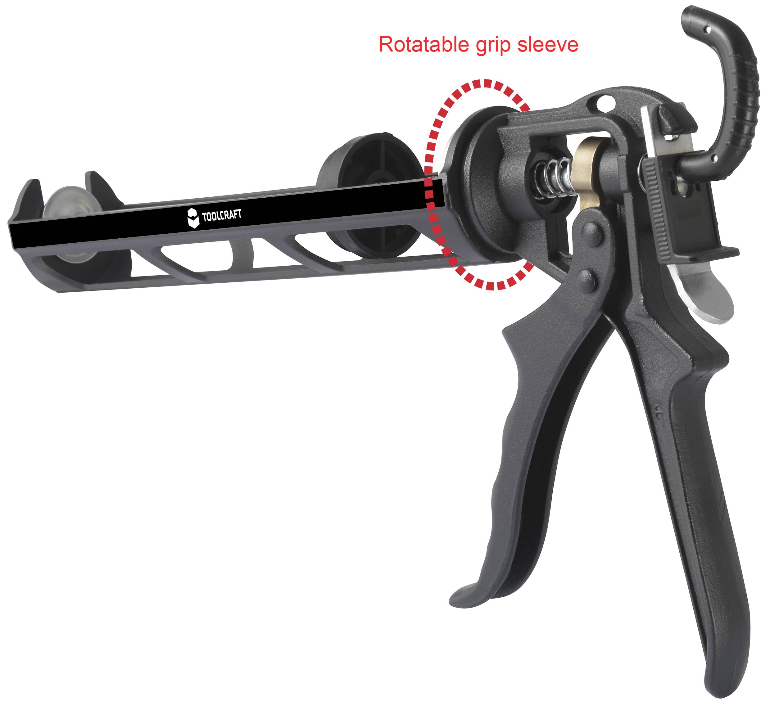 Pistolet do kartuszy z obrotową rękojeścią, oznaczony czerwonym kółkiem. Główna część: dźwignia, spust i uchwyt na kartusz.