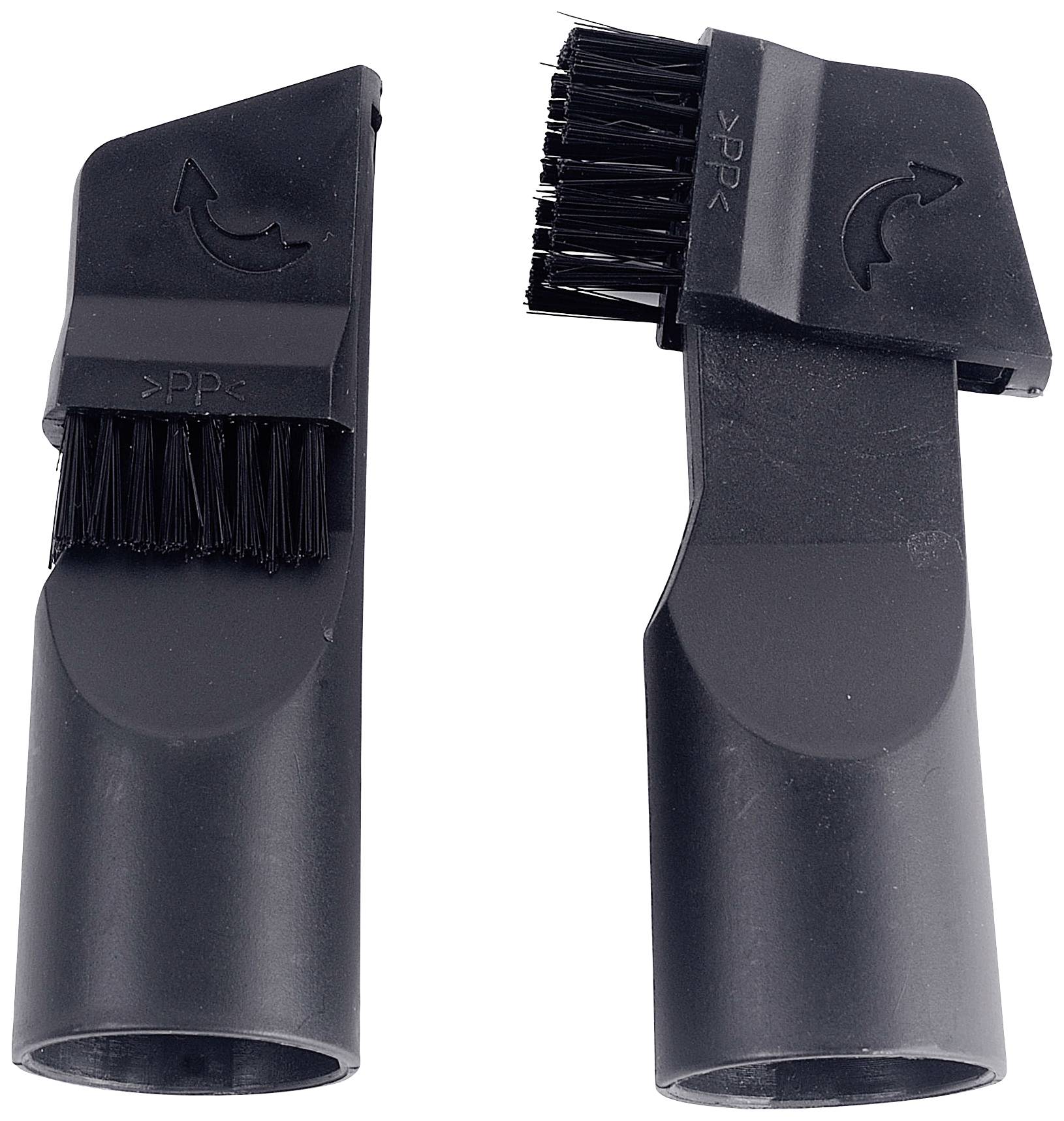 Dwa czarne końcówki do odkurzacza z włosiem i symbolem strzałki wskazującej kierunek ruchu szczotek.