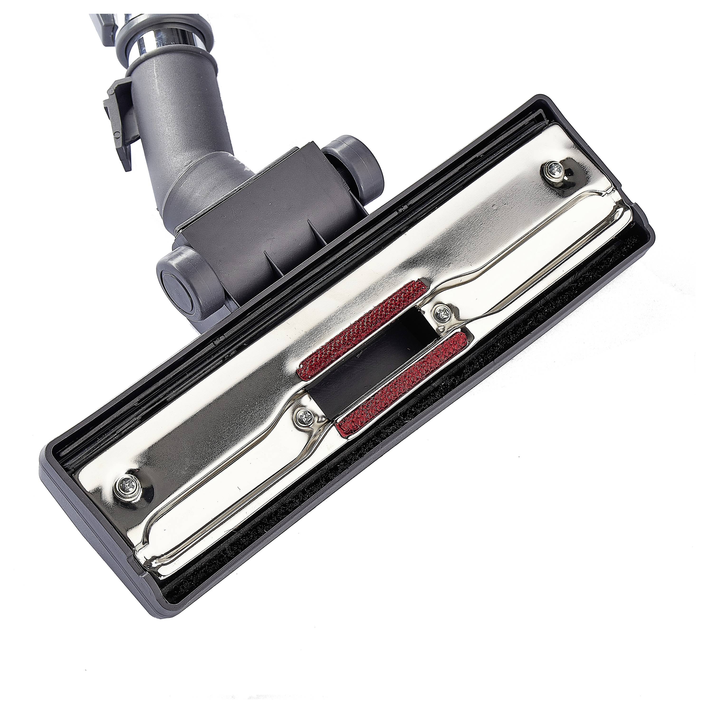 Dolna strona końcówki odkurzacza z czerwonymi wkładkami szczotkowymi i metalową płytką, prezentująca szczegóły budowy i funkcjonowania.