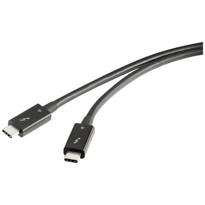 Kabel Thunderbolt z dwoma złączami. Jest czarne, elastyczne i służy do łączenia urządzeń z szybkim przesyłem danych.