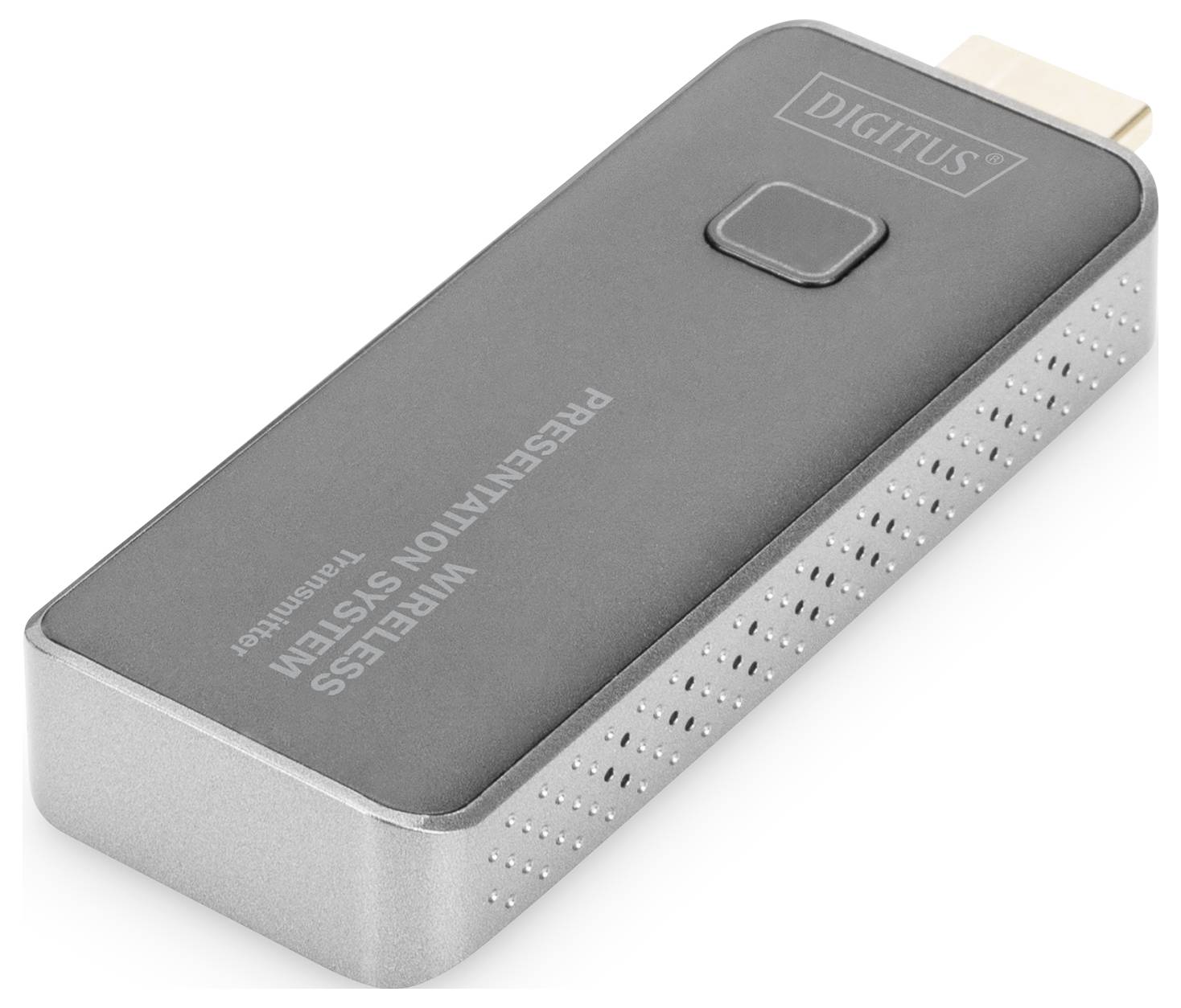 Mały, prostokątny bezprzewodowy adapter prezentacyjny z gniazdem HDMI na górnej powierzchni. Na powierzchni urządzenia widnieje napis 'Presentation Wireless System'.